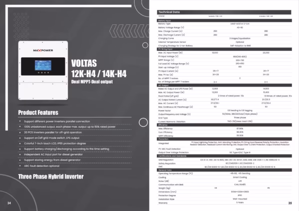 Max Power Three Phase IP65 Voltas 12K Hybrid Inverter data sheet