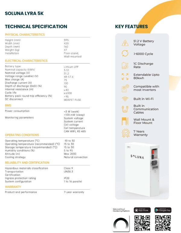 Soluna lyra 5k 5Kwh 100ah Data Sheet