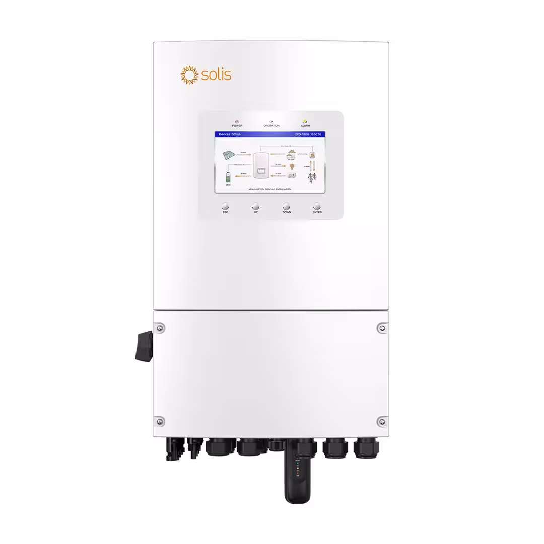 Solis S6 10kW single phase low voltage hybrid solar inverter front view with 7-inch LCD screen